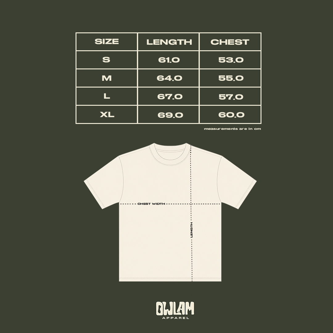 Measurement chart for t-shirt sizes with a white t-shirt and OWLAM Apparel logo on a dark green background