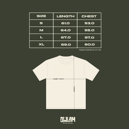 Measurement chart for t-shirt sizes with a white t-shirt and OWLAM Apparel logo on a dark green background