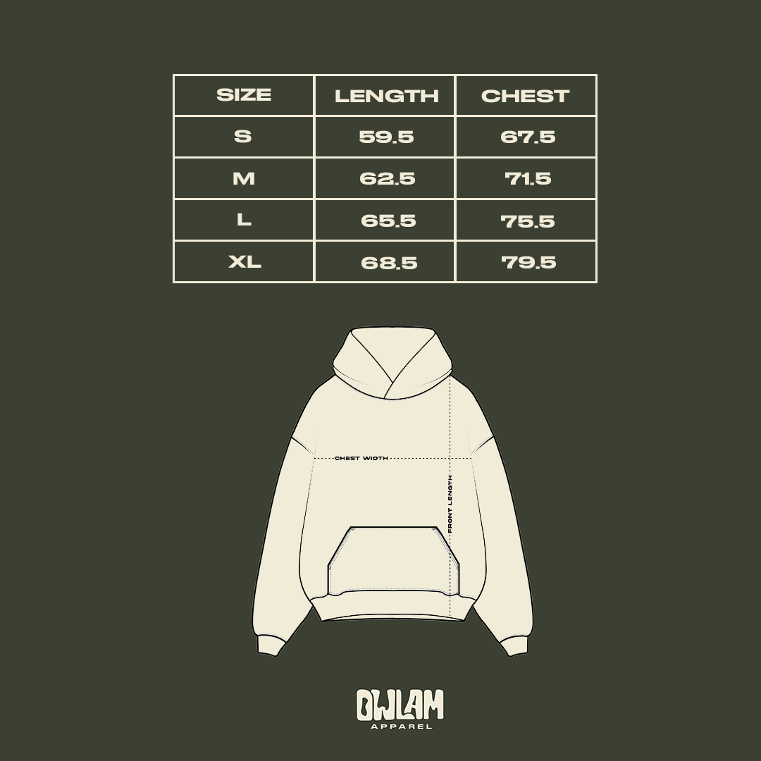 Measurement chart for a hoodie with size dimensions and OWLAM Apparel logo.
