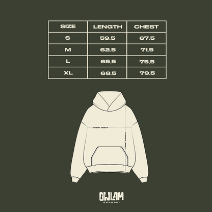 Measurement chart for a hoodie with size dimensions and OWLAM Apparel logo.